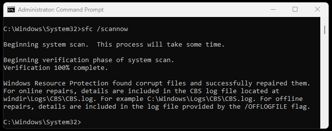 results of the SFC /scannow repair on a windows 11 computer.