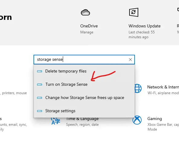Windows 10 Settings App where we have typed into the search bar "Storage Sense" and then we can select the second option down from the top called "Turn on Storage Sense"