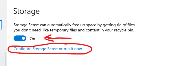 Windows 10 Settings App on the "Storage" screen where we can see both the switch to turn Storage Sense "On" and a link to configure the Storage Sense settings.