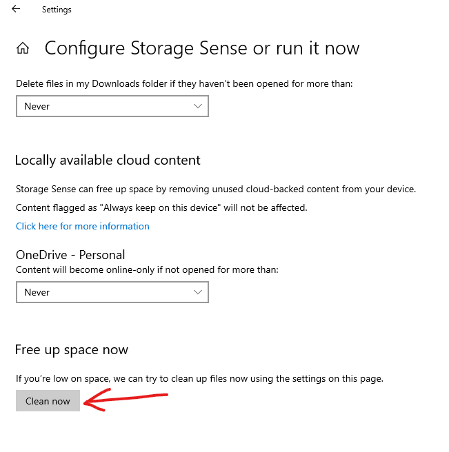 Windows 10 Settings App Screen for Configuring Storage Sense or running it now. The button at the bottom of the screen says "Clean Now" and will allow us to run Storage Sense now and free up space.