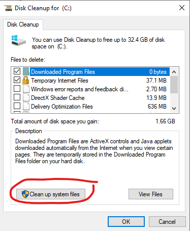 Disk Cleanup Tool Windows 10. This image shows in the bottom left of the window a button that says "Clean up system files" and when clicked it will give us additional options on the files we can clean up automatically.
