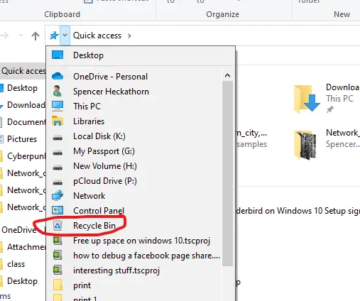 A folder window is open with the furthest left arrow selected, making it a point down to reveal shortcuts. Recycle Bin is circled in red on the shortcuts list.