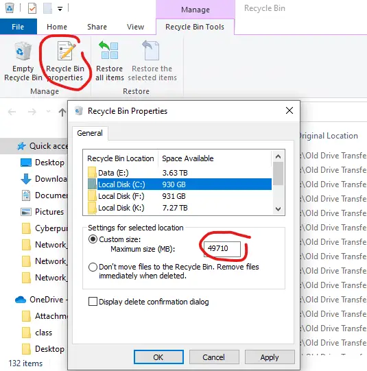 Inside the Recycle bin folder, the "Recycle Bin properties" is circled, indicating that we clicked it, showing us the "Recycle Bin Properties" dialog box where the C drive has been selected, and then in the "Settings for selected location" the radial for "Custom size" is selected. The size has been set to 49710.