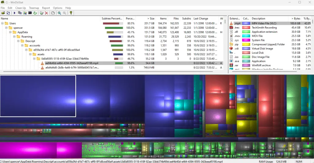 WinDirStat after I have selected one of the large space usage indicators.