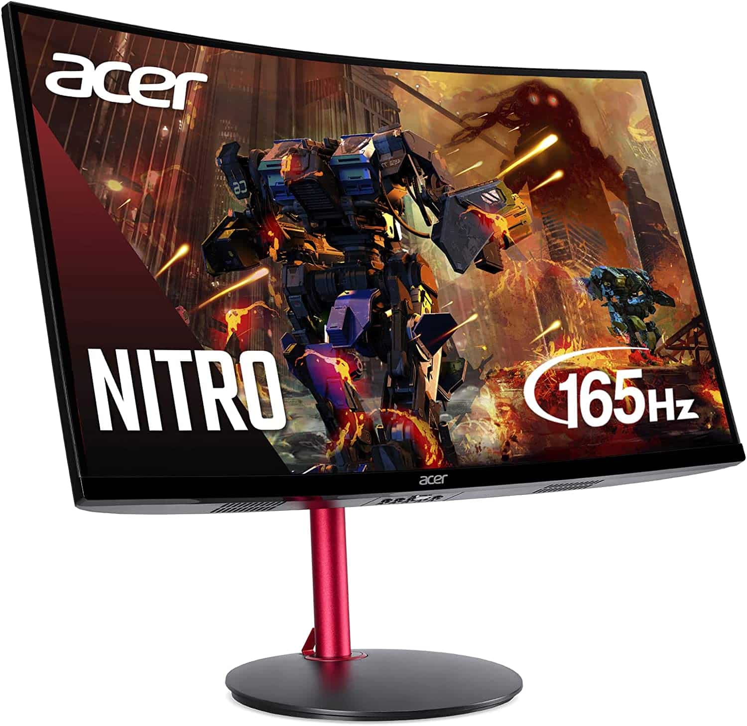 White background showing a 27" curved black monitor with a metallic red base stand attached. shows the acer logo on the front center bottom of the monitor. 