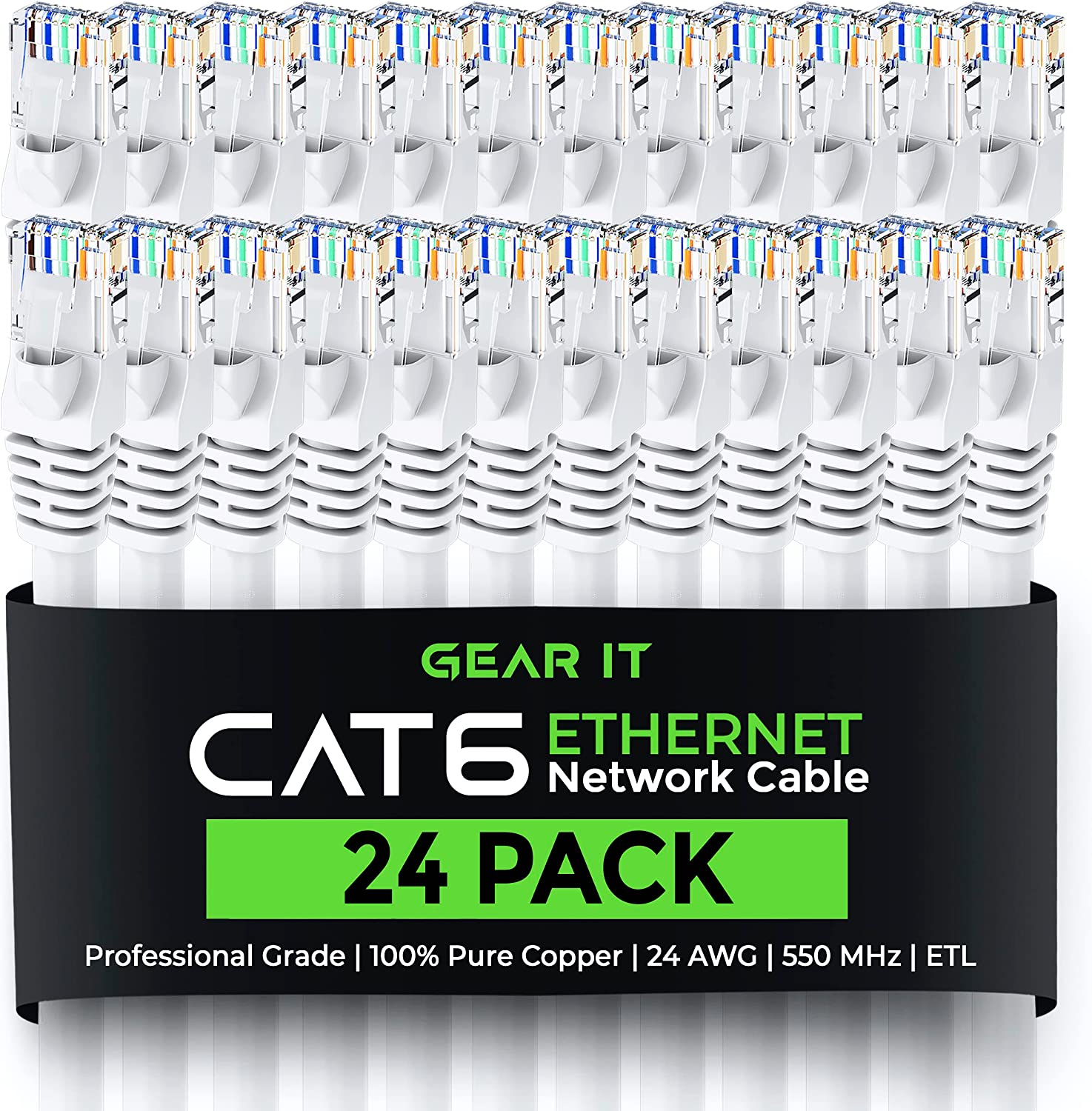 Computer generated image of a pack of 24 1ft white cat cables, wrapped in black packaging with lime green and white text describing the package. 