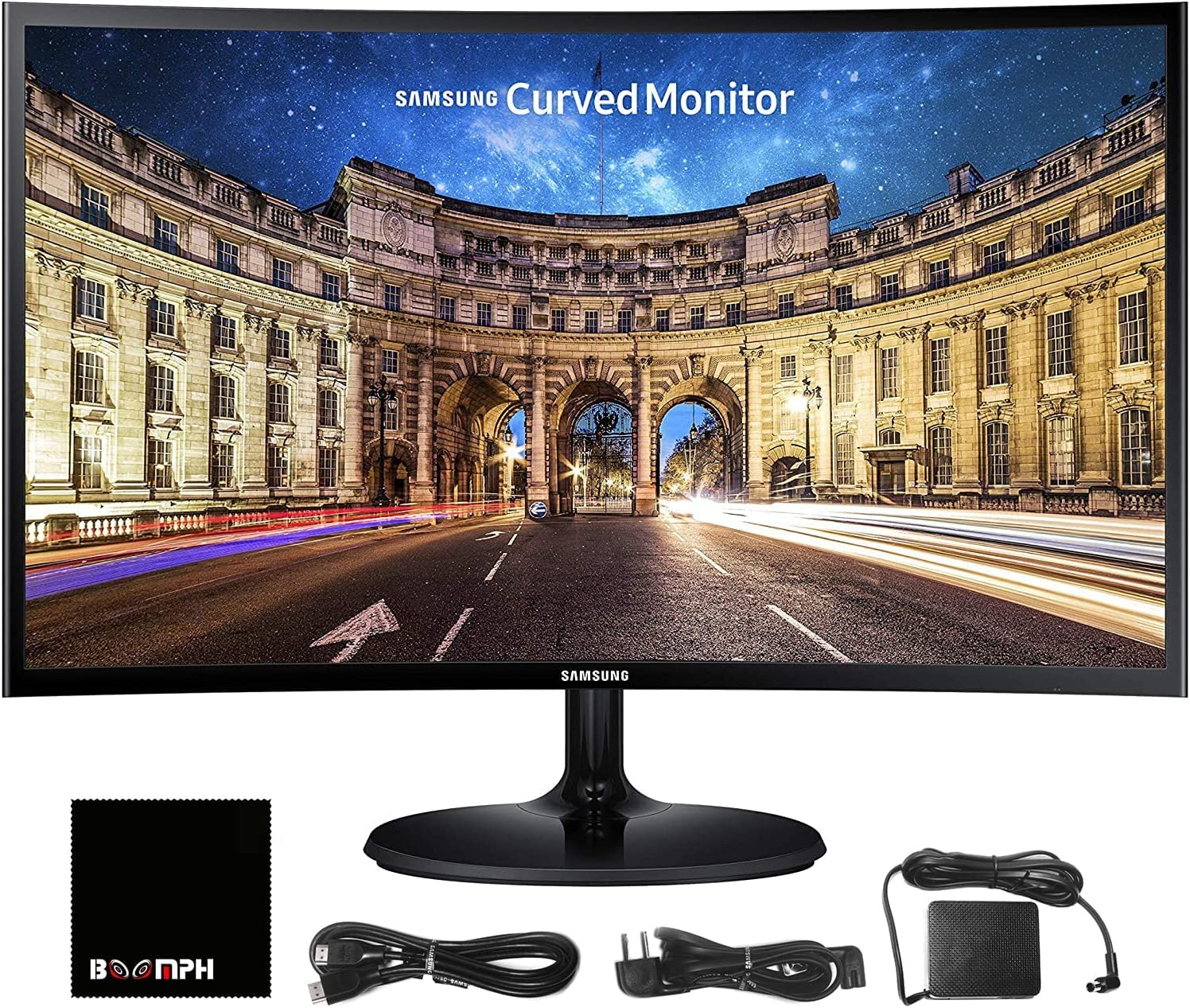 Image of Samsung 24" monitor with accessories including power cable cleaning cloth and HDMI