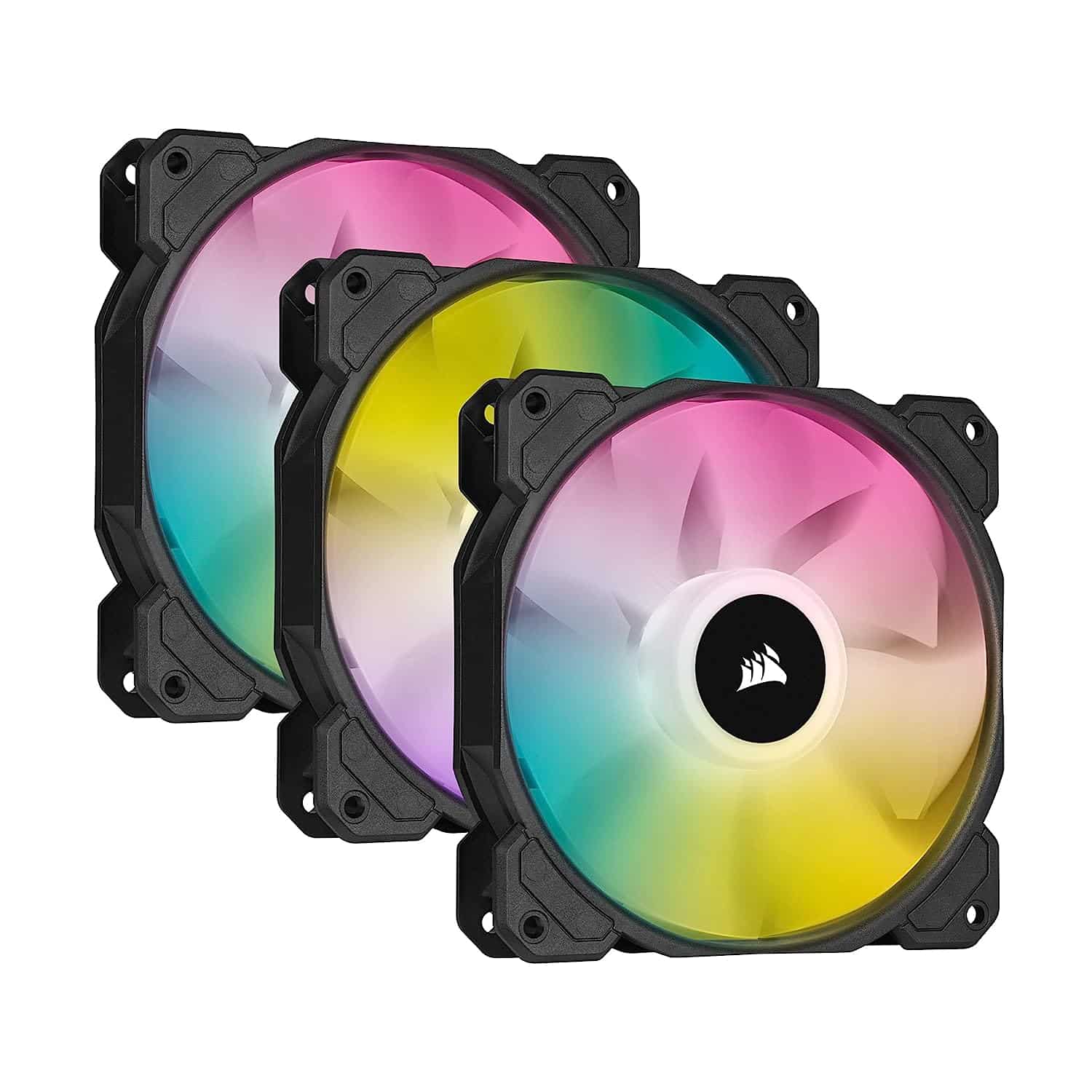 white background with a computer-generated image of all three fans fanned out the cave a black casing with multicolored centers. 