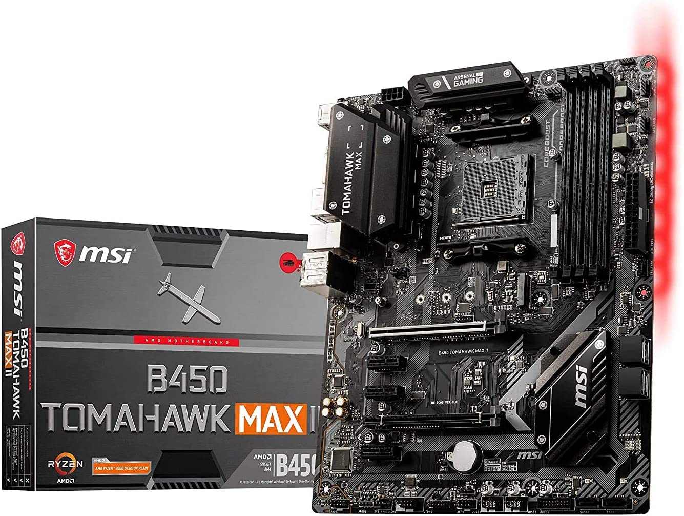 computer generated image on a white background. picturinf both the front of the box and the Motherboard itself. 