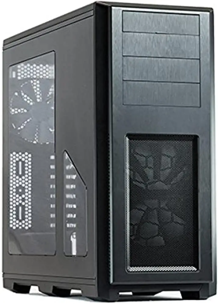 Computer generated image. white backgroung with the Phantecks tower in black showing a dual front and side view. 