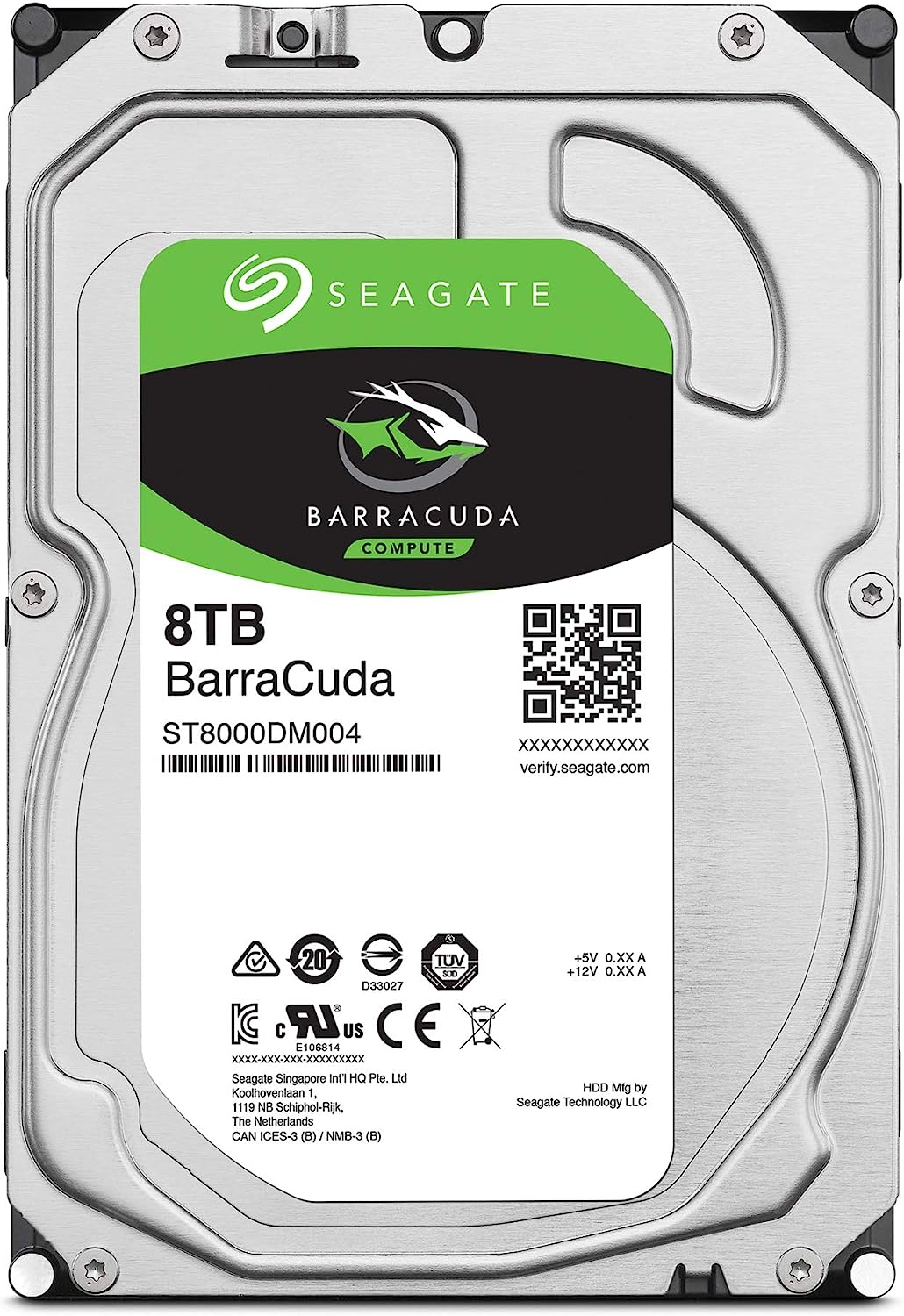 computer-generated image white background image of hard drive that is silver with black edges and has a white information sticker placed in the center with the green and black barracuda logo and black informational text. 