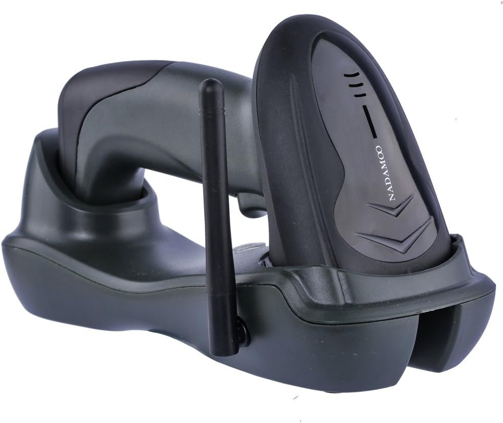 white background featuring the barcode scanner set in the charging base cradle 