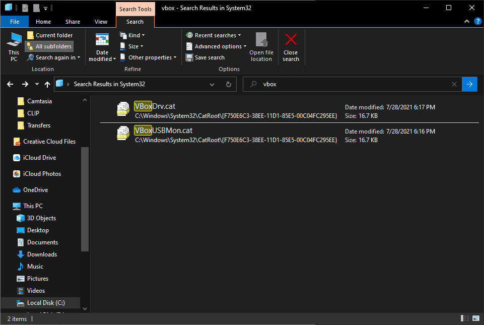 File Explorer search of the System32 drivers folder for VirtualBox driver files