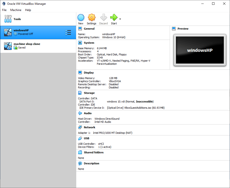 VirtualBox Manager application window