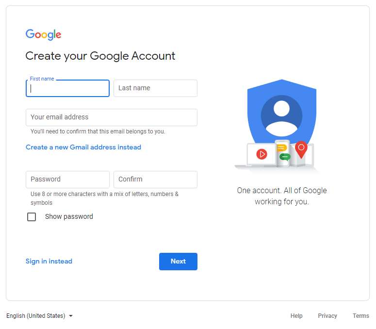 Signup screen for creating a google account without needing to have a Gmail account already.