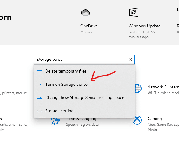 Windows 10 Settings App where we have typed into the search bar "Storage Sense" and then we can select the second option down from the top called "Turn on Storage Sense"