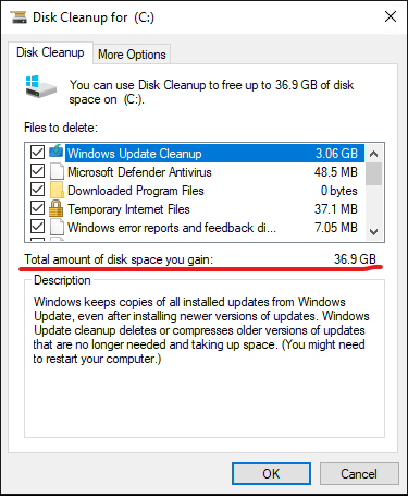 Windows 10 Disk Cleanup Tool selection screen where we can see how much space will be cleared. This image shows 36.9 Gigabytes of space would be freed.