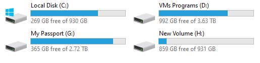 Windows File Explorer drive list showing the free space remaining on each drive