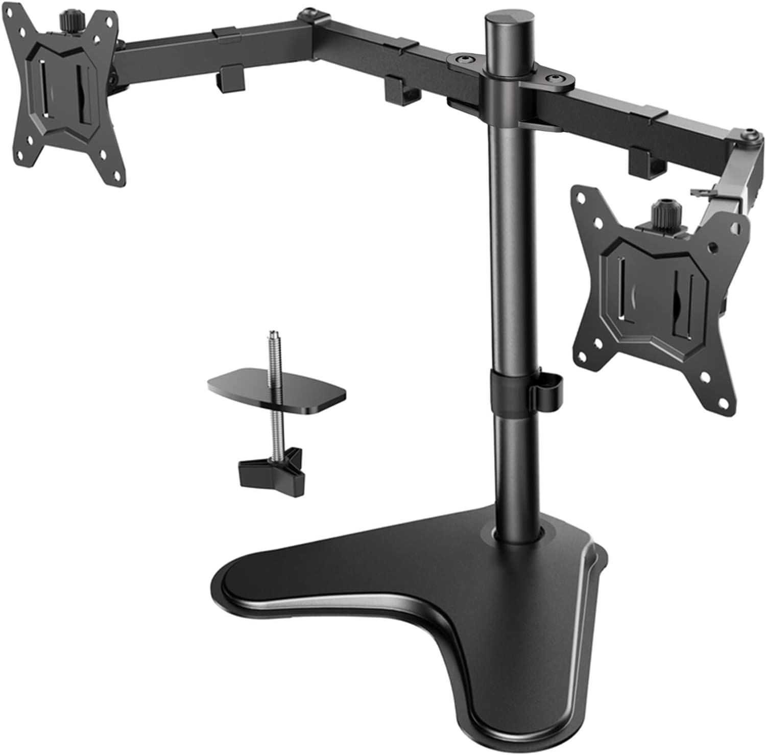 Huanuo brand dual monitor stand with a desk mount option. Adjustable arms - white background with black stand.