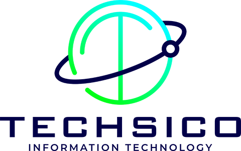 Techsico Information Technology Logo featuring a large globe with an encompassing satellite and a big T in the middle. Under the logo are the words Techsico Information Technology