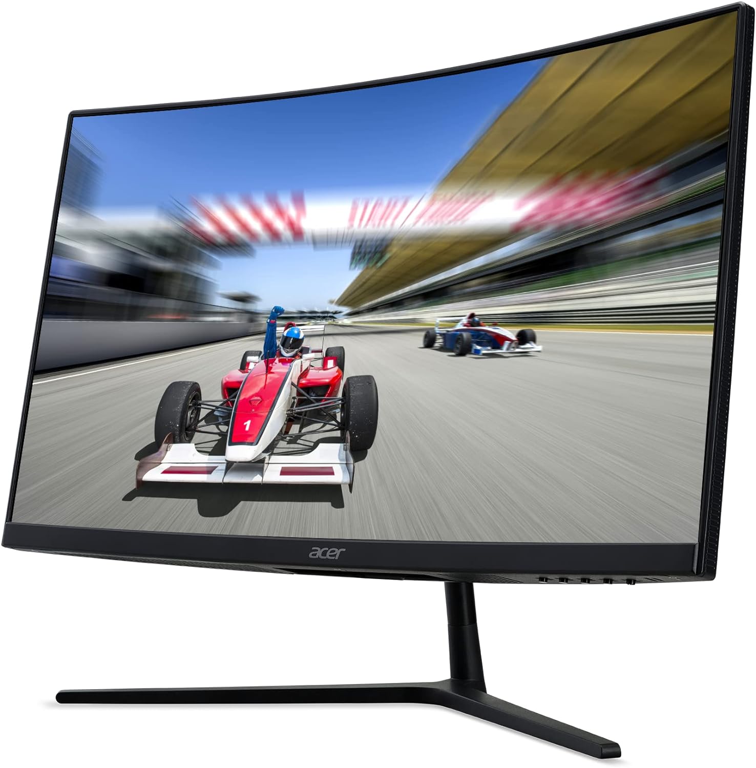 Computer Generated Image. Side view showing the monitor screen curves in . the monitor is black and on a single black monitor stand. 