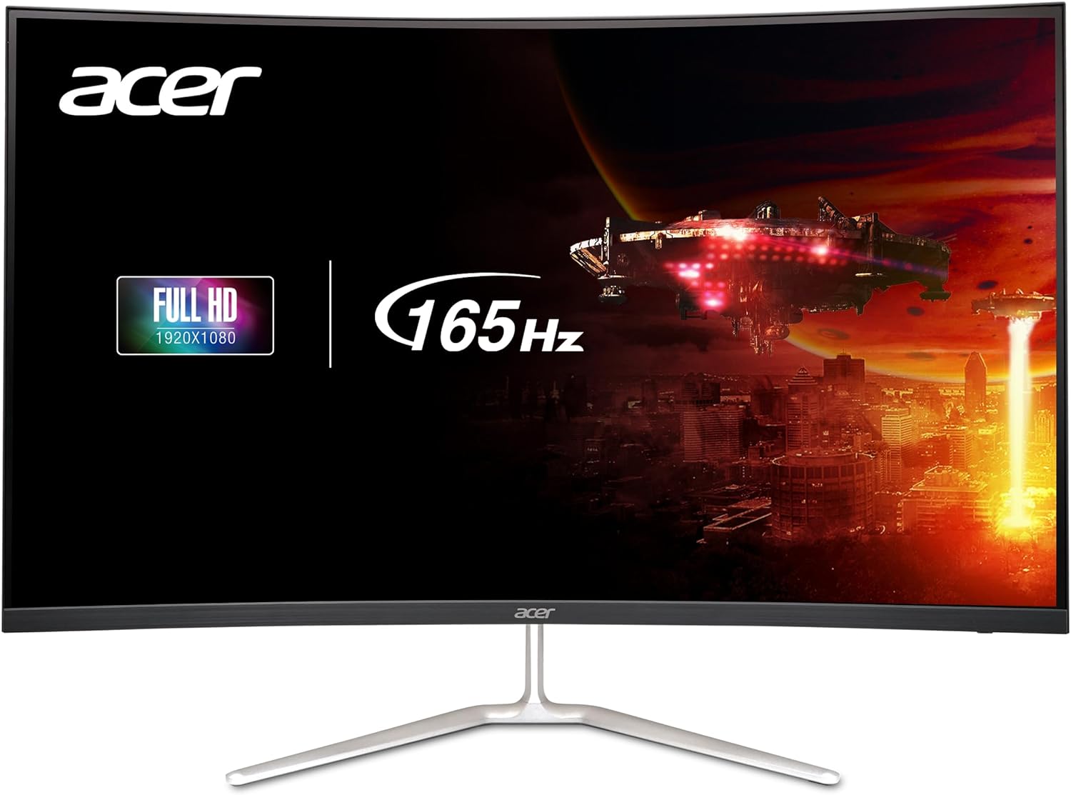 computer generated image. black curved monitor on a silver stand. 