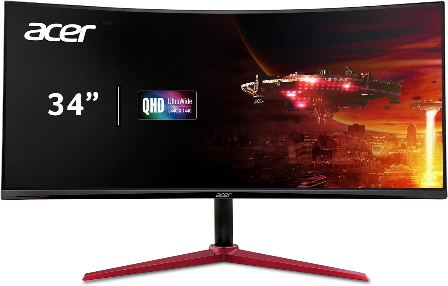 computer generated image , black curved screen on red and black stand.  