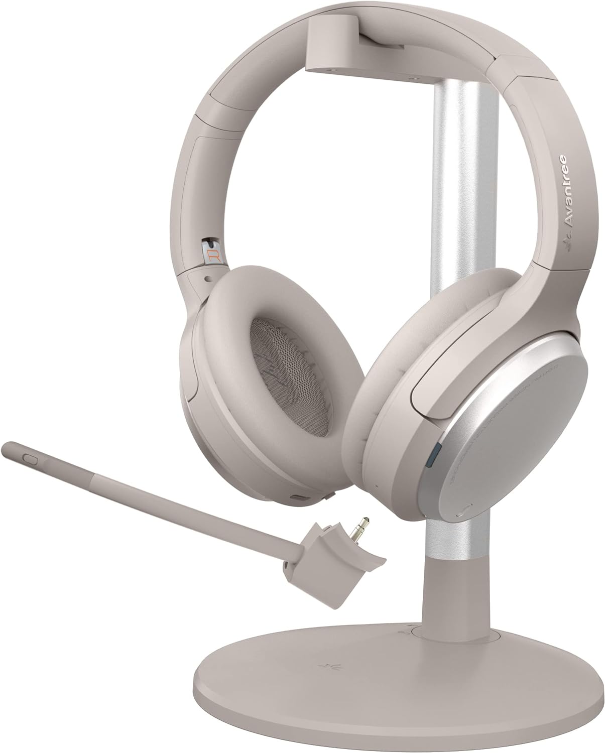 white background featuring the stand, headphones, and detachable mic all in the color sandstorm beige. 