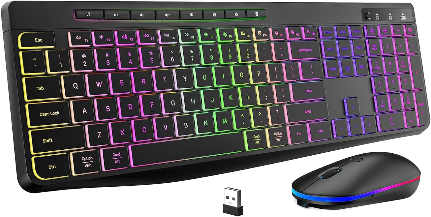 white background featuring black keyboard and mouse. keyboard has soft touch keys that will not be loud when typing and colors under the keys that light up. the mouse also has a ring of light that goes around it when its in use. 