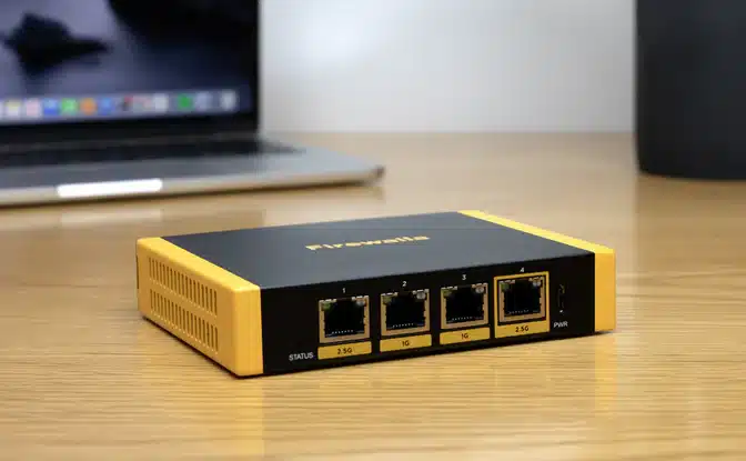 back view of firewalla gold showing the plug in ports. the device itself if black with yellow gold accents.