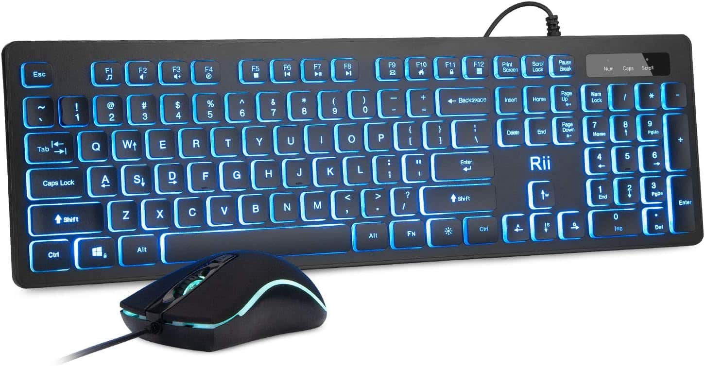 black wired keyboard and mouse combo that is backlit and can be three differnt colors behind the keys. (blue, cyan, or green)