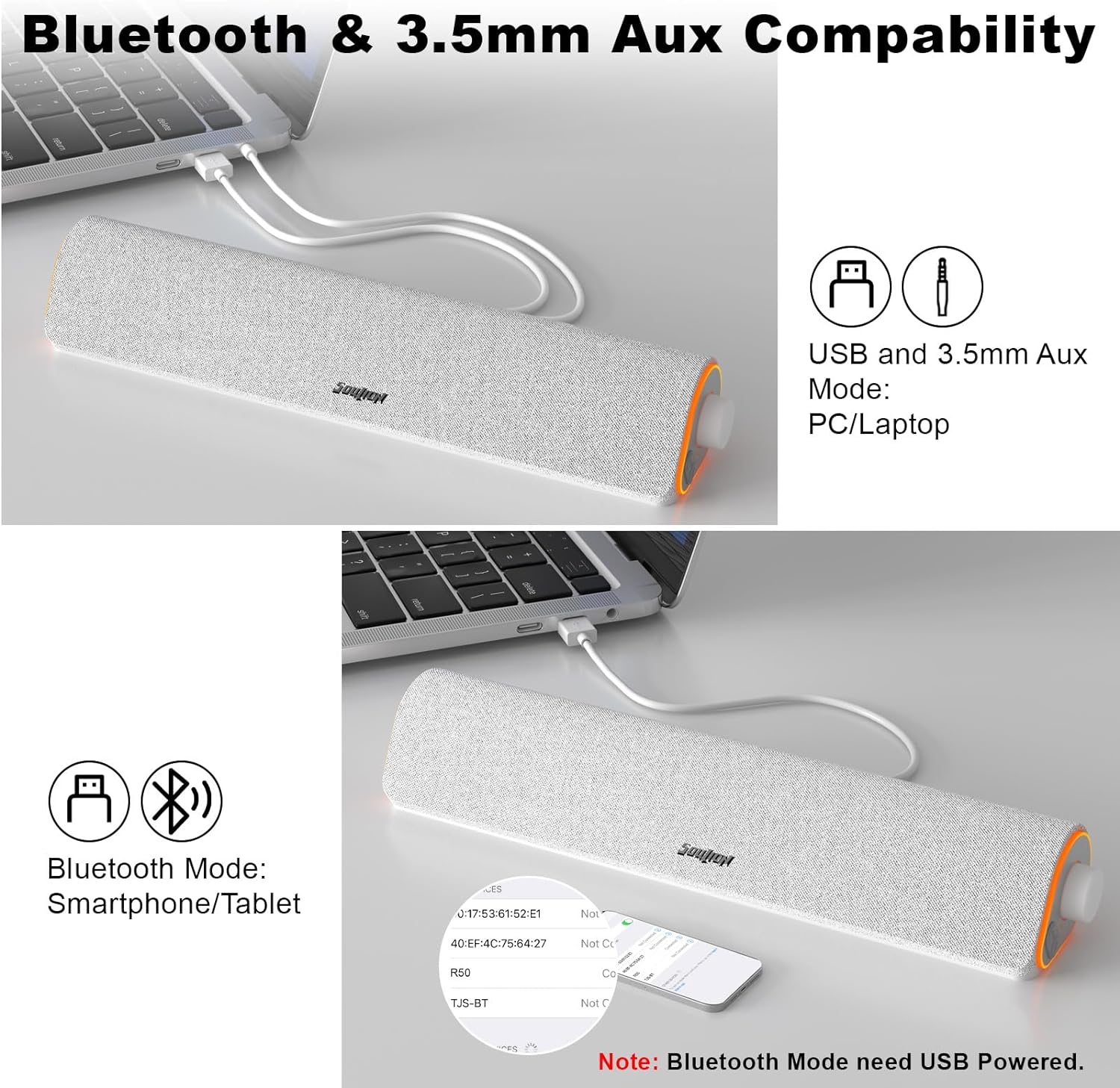 small bluetooth computer speaker grey lights up on the side.