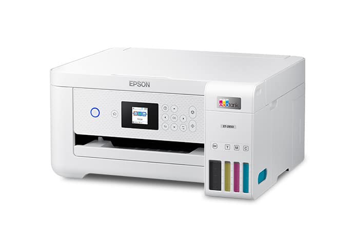 White background with white printer. Display screen and buttons on front.
