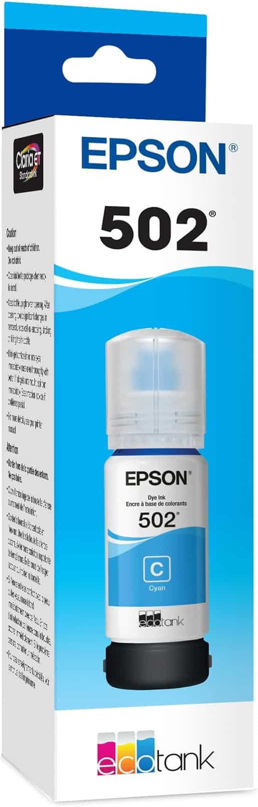 Single bottle of Epson Ink 502 Color Cyan.