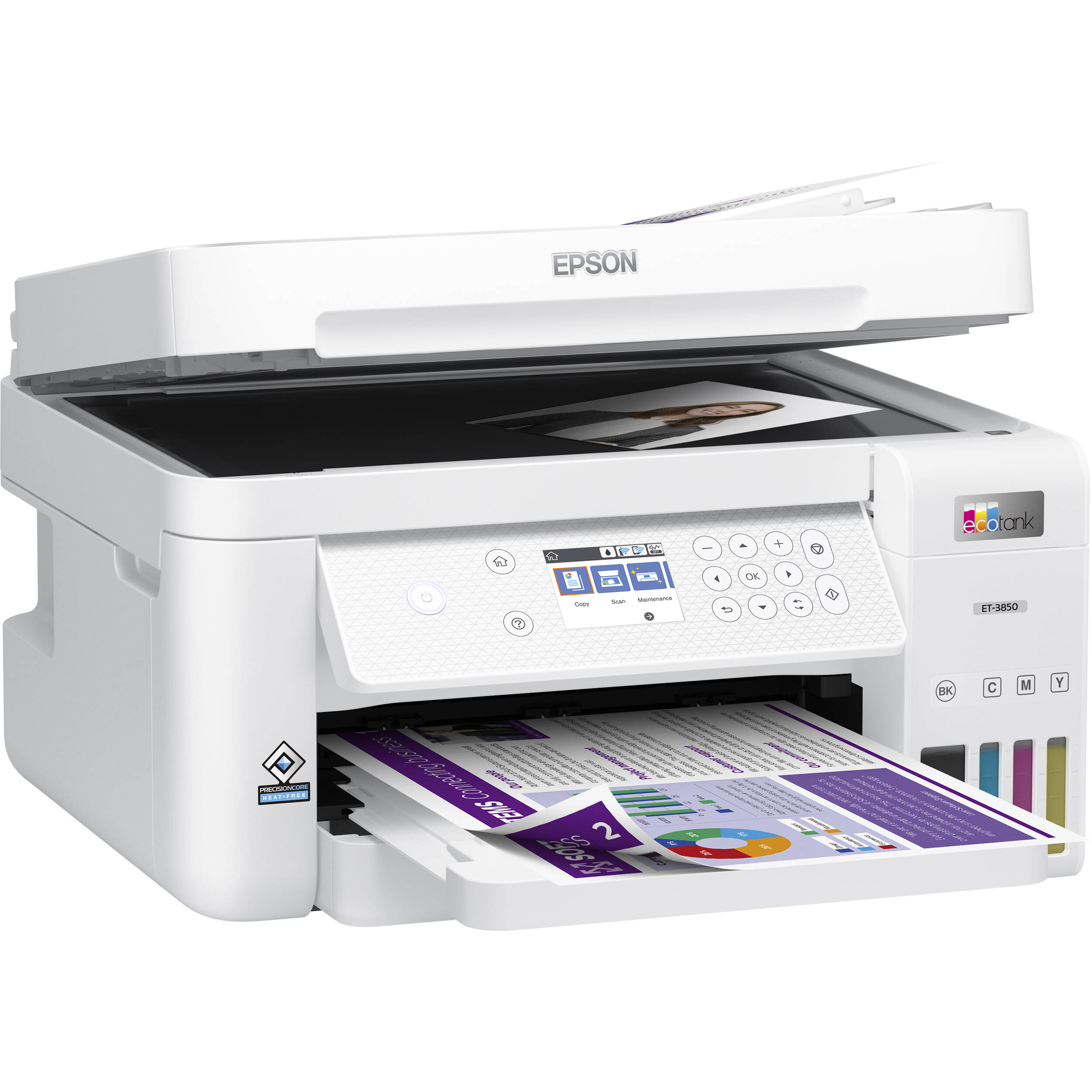 White background. White printer with a front display screen and buttons.
