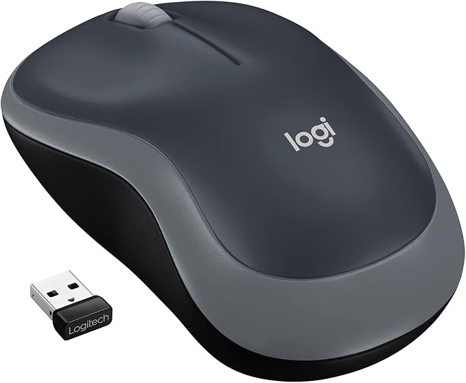 white background with a top view of the two tone mouse dark grey on top light grey on the sides and black on the bottom.