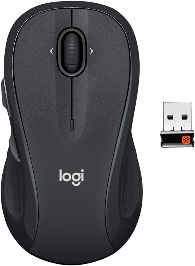 Logitech M510 Wireless Mouse. top view of the mouse you can see the scroll button on top and buttons on the side.