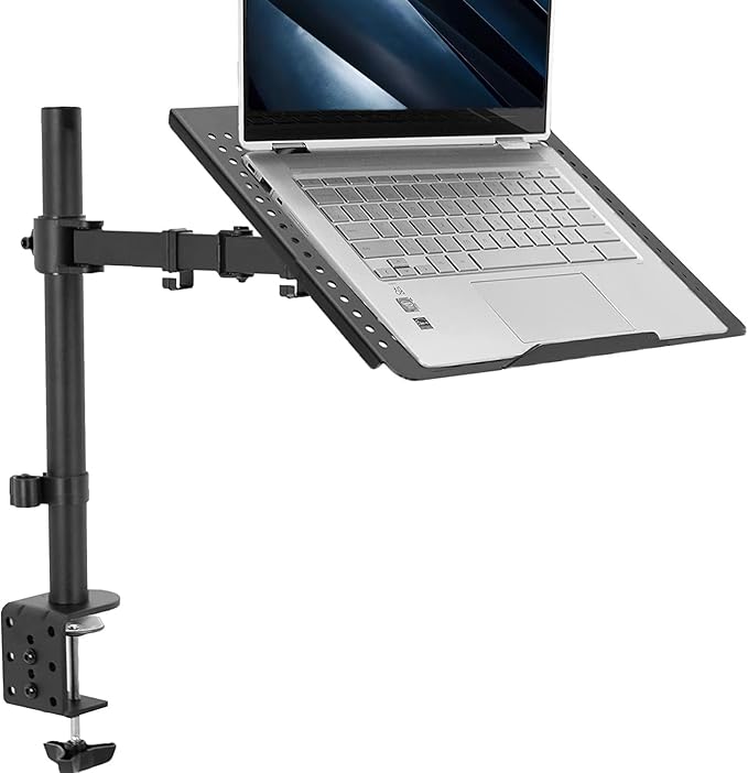 white background, computer generated image of the stand showing example of a laptop on the stand. 